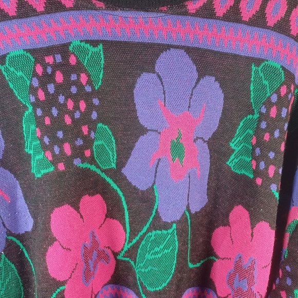 Top Notch Vintage Retro Neon Floral Jacquard Knit Crewneck Sweater Medium - Picture 6 of 7